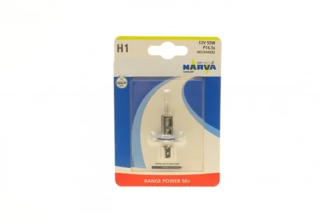 Автолампа H1 12V 55W P14.5s Range Power 50 + (blister/1шт) NARVA 483344000