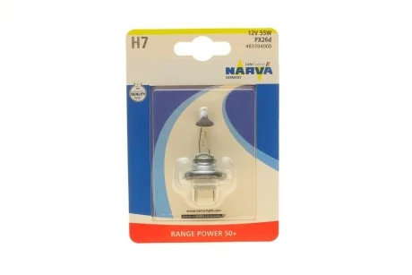 Автолампа H7 12V 55W PX26d Range Power 50+ (blister/ 1шт) NARVA 483394000