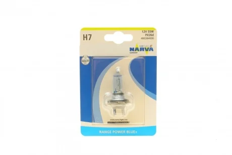 Автолампа H7 12V 55W PX26d Range Power Blue+ (3700K) (blister/1шт) NARVA 486384000