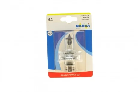 Автолампа H4 12V 60/55W P43t Range Power 50+ (blister/1шт) NARVA 488614000