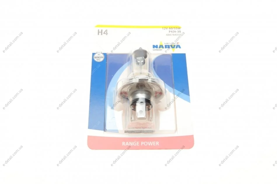 Автолампа H4 12V 60/55W P43t Range Power (+30%) (blister/ 1шт) NARVA 488784000 (фото 1)