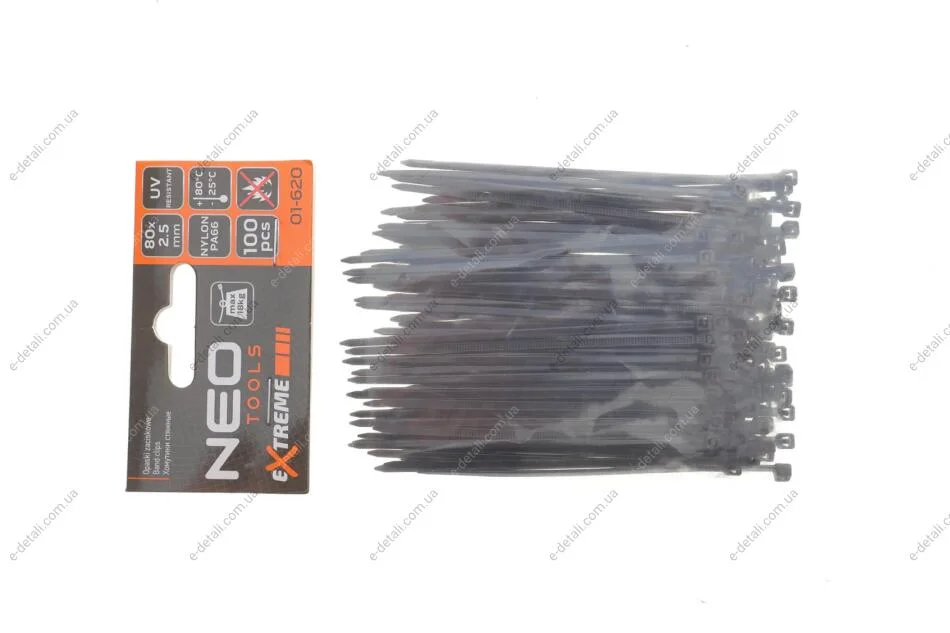 Набор стяжек пластиковых EXTREME 2,5x80 мм 100 ед. (чёрная) Neo-tools 01-620 (фото 1)
