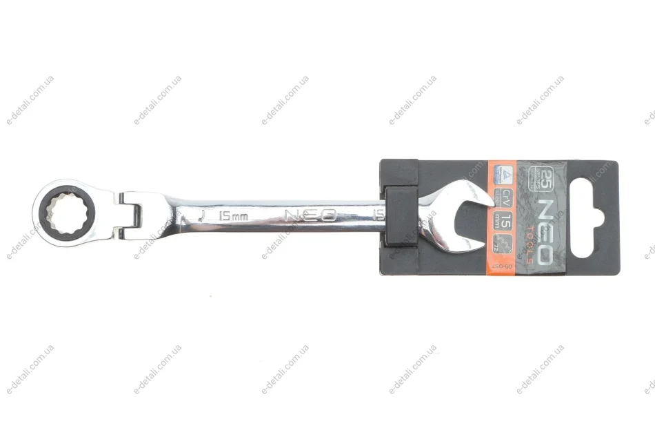 Ключ рожково-накидной с трещоткой 15 мм 72 зуб. L-195 мм Neo-tools 09-057 (фото 1)
