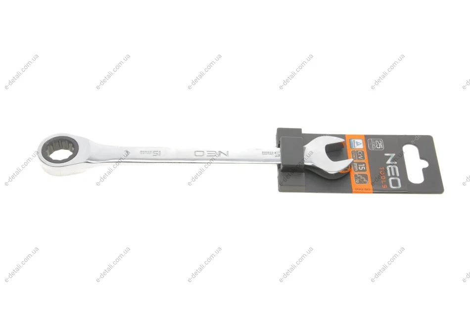 Ключ рожково-накидной с трещоткой 15 мм 72 зуб. L-195 мм Neo-tools 09-066 (фото 1)