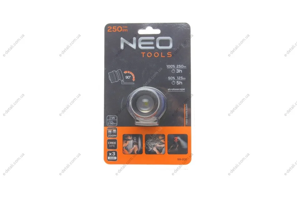 Фонарик налобный (250Lm/3W/CREE XPE/3xAAA) Neo-tools 99-201 (фото 1)