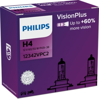 Лампа розжарювання H4 VisionPlus (+60) 12V 60/55W P43t-38 2шт PHILIPS 12342VPC2