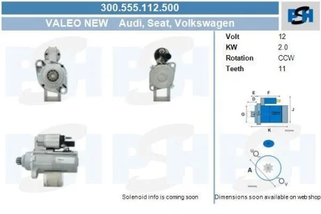Стартер новий VW Caddy III 04-15, Golf VI 09-14, Tiguan 08-16, T5 03-15, PASSAT B7 10-15; AUDI A3 03-12, A1 10-18, TT 07-15; SKODA Octavia A5 04-13, Superb 08-15, Yeti 09-17, Fabia I 99-07; SEAT Altea 04-09, Leon 05-12, Toledo III 04-09, Ibiza 09-17 PSH 300.555.112.500