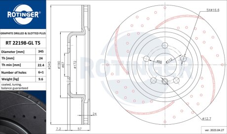 Диск гальмівний задній (кратно 2) BMW 3 (G20/G80/G28), 4 (G22/G82), 5 (G30/F90) [345X64 перфорир.] ROTINGER RT22198GLT5