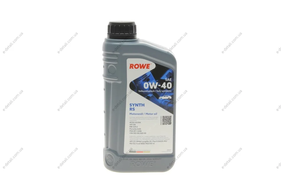 Масло 0W40 HIGHTEC SYNTH RS (1L) (MB 229.5/Porsche A40/VW 502 00/505 00) (ACEA A3/B4) (API SN/CF) ROWE 20020-0010-99 (фото 1)