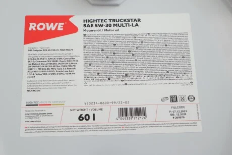 Масло 5W30 HIGHTEC TRUCKSTAR MULTI-LA (60L) (MB 228.51/MB 228.31/MAN M3677) ROWE 20234-0600-99