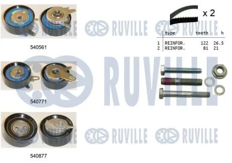 К-т ГРМ (2шт ременя ГРМ + 3шт ролики + кріплення) VW LT, T4 2.5 TDI RUVILLE 550385