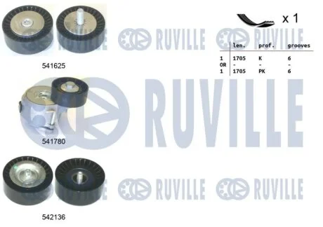 OPEL К-т ГРМ (ремінь + 3 ролика) Combo 1,6-2,0CDTi 12- FIAT Doblo 1,6-2,0D Multijet 10- RUVILLE 570186