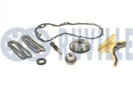 FORD К-кт ланцюга ГРМ (2 ланцюга+2 шт. напрямна+ 2 шестерні+ натягувач + сальник + прокладка) Fiesta,Focus,Galaxy 1.8TDCI/DI 98- RUVILLE 580131
