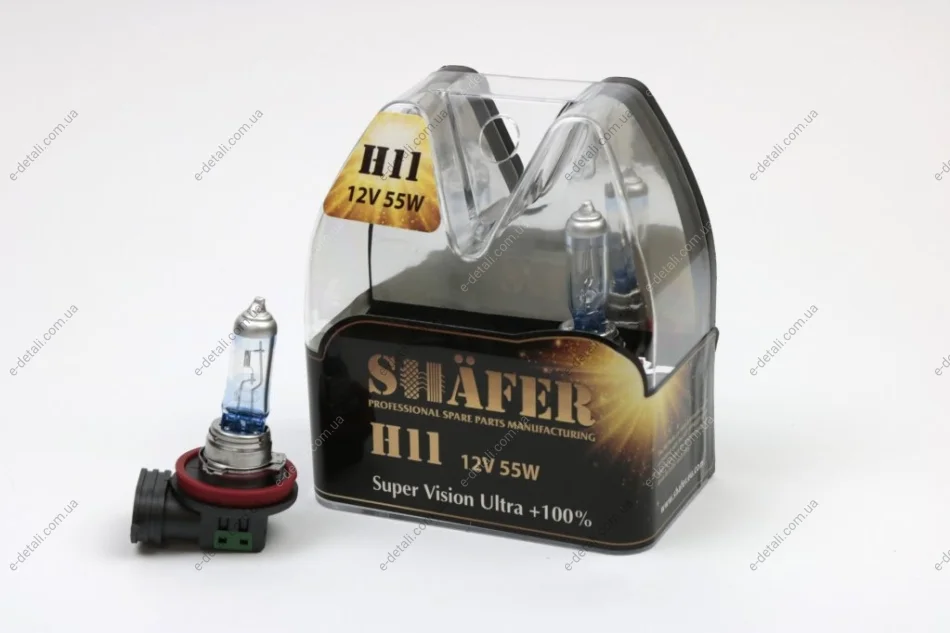 Лампа галогенова H11 12V55W Super Vision Ultra +100% (комплект, пластиковий бокс 2шт) SHAFER SL3011 (фото 1)