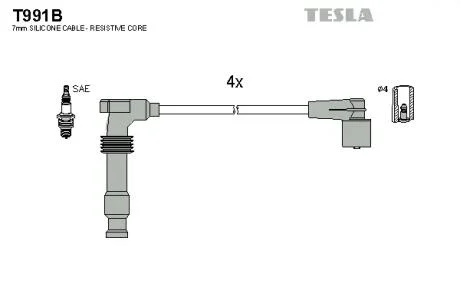 Провід високовольтні, комплект Opel Astra g 1.4 (98-05),Opel Zafira a 1.6 (99-05) TESLA T991B