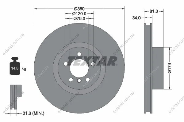 Диск тормозной (передний) Land Rover Range Rover 4.4D/5.0i 4x4 09-12 (380x34) PRO+ TEXTAR 92233905 (фото 1)