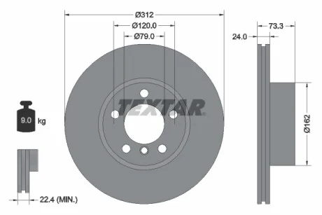 Диск гальмівний (передній) BMW 1(F20/F21) 11-/3 (E90/E91/E92) 07-11 (312x24) PRO+ TEXTAR 92261805