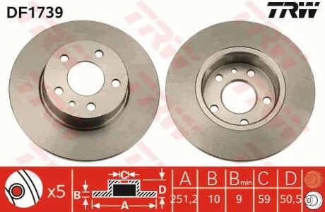 Диск тормозной (1 шт.).) ALFA ROMEO - FIAT - LANCIA 147/156/156 Sportwagon/164/164 Supe TRW DF1739