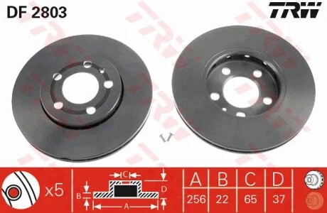 Диск гальмівний (1 шт.) AUDI - SEAT - SKODA - VOLKSWAGEN A3/Cordoba/Ibiza/Leon/Toledo/Fabia/Oct TRW DF2803