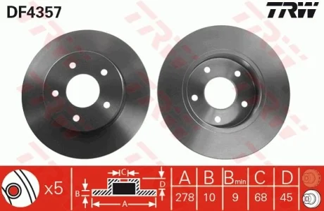 Диск тормозной (1 шт.) NISSAN Almera Tino/Primera/Primera Estate/Wagon TRW DF4357