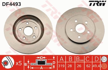 Диск гальмівний (1 шт.) LEXUS RX 300/450/350 F \'\'03>> TRW DF4493 (фото 1)