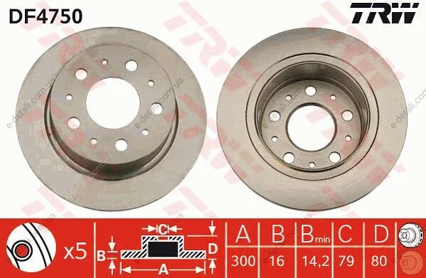 Диск тормозной (1 шт.).) CITROEN/FIAT/PEUGEOT Jumper/Ducato/Boxer "R D=300mm "06>> TRW DF4750 (фото 1)