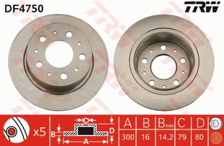 Диск тормозной (1 шт.).) CITROEN/FIAT/PEUGEOT Jumper/Ducato/Boxer "R D=300mm "06>> TRW DF4750