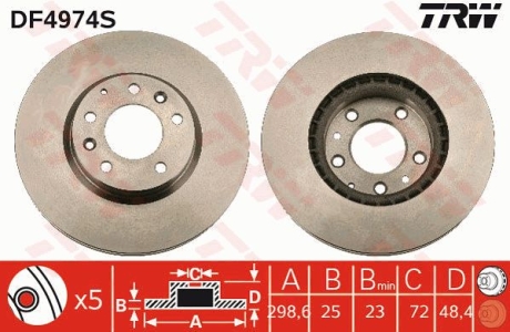 Диск гальмівний MAZDA 6 "F "07>> TRW DF4974S (фото 1)