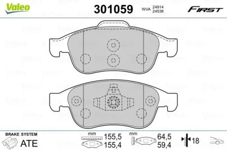 Тормозные колодки дисковые DACIA/RENAULT Dokker/Duster/Lodgy/Captur/Megane/Scenic "1,2-2,0 "F "08>> Valeo 301059
