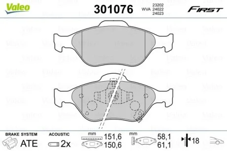 Тормозные колодки дисковые DAIHATSU/TOYOTA Charade/Yaris "1,0-1,5 "F "05>> Valeo 301076