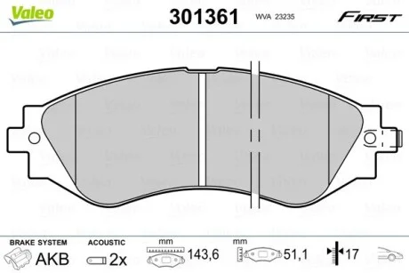 Тормозные колодки дисковые CHEVROLET/DAEWOO Epica/Lacetti/Nubira/Rezzo/Leganza "1,4-2,2 "F "97>> Valeo 301361