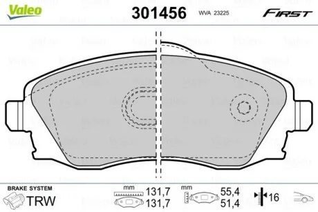 Тормозные колодки дисковые OPEL Combo/CorsaC/Meriva/Tigra "1,0-1,8 "F "00-10 Valeo 301456