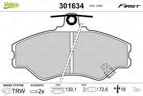 Тормозные колодки дисковые HYUNDAI Grace/H100 "F "93-00 Valeo 301634