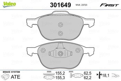 Гальмівні колодки дискові FORD/MAZDA/VOLVO Focus/Kuga/3/5/C30/C70/S40/V40/V50 "1,0-2,5 "F "03>> Valeo 301649 (фото 1)