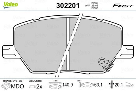 Тормозные колодки дисковые FIAT/JEEP 500X/Compass II/Renegade "1,3-2,0 "F "14>> Valeo 302201