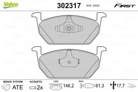 Тормозные колодки дисковые VAG A1/Leon/Polo/Ibiza/Arona "1,0-2,0 "F "13>> Valeo 302317