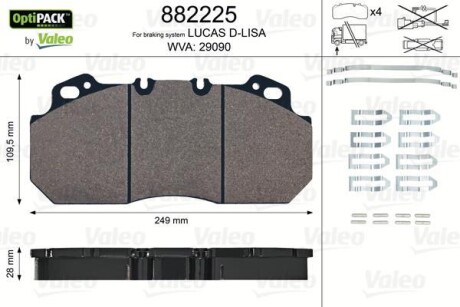 Комплект тормозных колодок, дисковый тормоз, RVI Magnum Premium 249x110x28 Valeo 882225