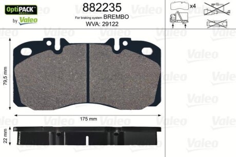 Тормозные колодки, WVA29122; 175x79, 5x22, без датчика износа Valeo 882235