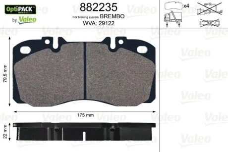 Колодки гальмівні, WVA29122; 175x79, 5x22, без датчика зносу Valeo 882235