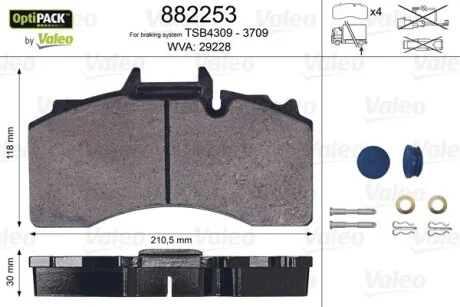 Колодки тормозные, WVA29228 Valeo 882253