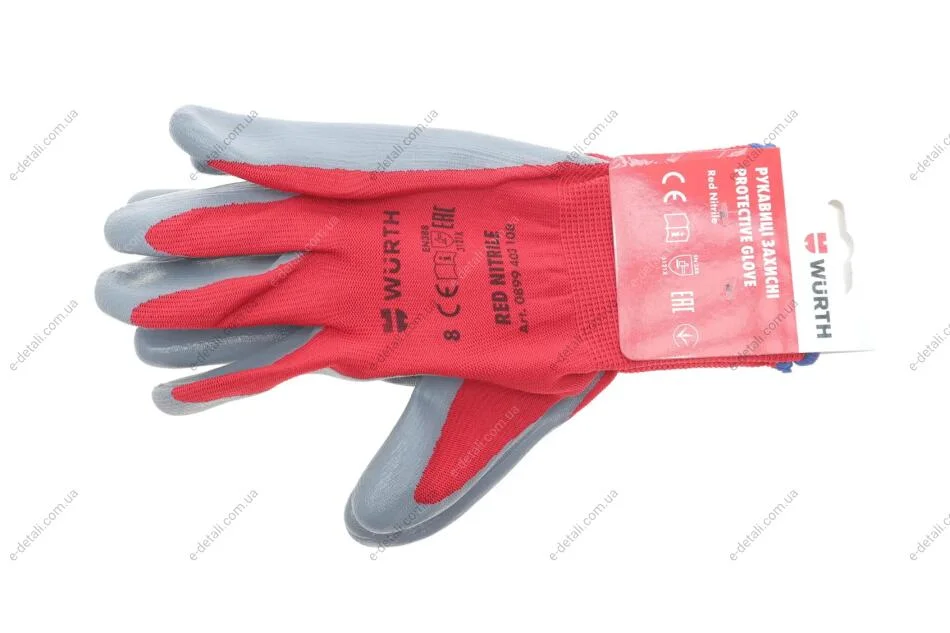 Рукавиці захисні RED NITRILE, поліестер, покритя нітрил, пара, р.8, RED LINE {арт. } WURTH 0899403108 (фото 1)
