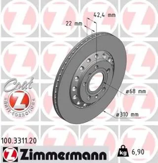 Диск тормозной (задний) Audi A8/VW Phaeton 03-16 (310x22) (с покрытием) (вентилируемый) ZIMMERMANN 100.3311.20