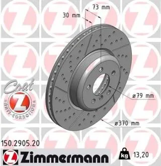 Диск тормозной (передний) BMW 1 (F20)/3 (F30/F80)/4 (F32/F82) 11- (370x30) (с покрытием) (вент.) ZIMMERMANN 150.2905.20