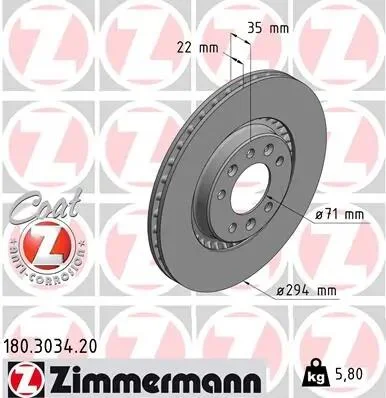 Диск тормозной (задний) Citroen Jumpy/Peugeot Expert 16- (294x22) (с покрытием) (вентилируемый) ZIMMERMANN 180.3034.20 (фото 1)