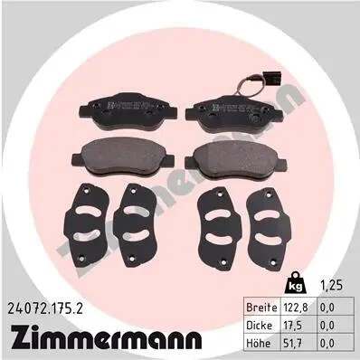 Колодки гальмівні (передні) Fiat Panda 03-/500/500C 07-/Ford Ka II 08-16 (+датчик) ZIMMERMANN 24072.175.2 (фото 1)
