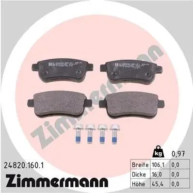 Колодки тормозные (задние) Renault Fluence/Megane/Scenic 08- (Bosch) ZIMMERMANN 24820.160.1 (фото 1)