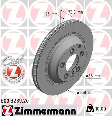 Диск тормозной (задний) Audi Q7 06-15/Porsche Cayenne/VW Touareg 03-10 (358x28)(с покрытием)(вент.) ZIMMERMANN 600.3239.20 (фото 1)