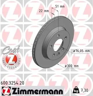 Диск тормозной (задний) VW Crafter 2.0TDI 16- (300x22) (с покрытием) (вентилируемый) ZIMMERMANN 600.3254.20